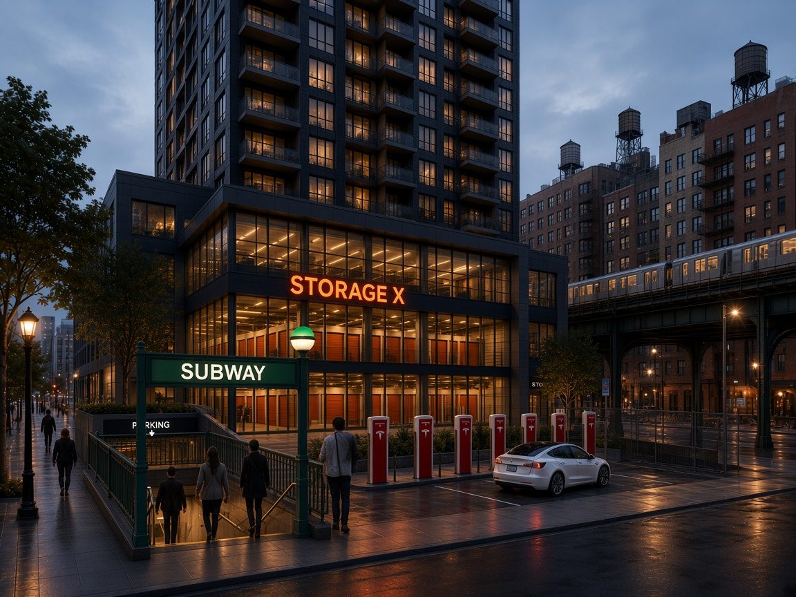 Artist's concept rendering of a planned 12-story Storage X mixed-use building at dusk at 1737 E New York Ave, Brooklyn: glass-walled self storage on the lower floors with orange unit doors visible from the street, apartments above, a subway entrance on the sidewalk and Tesla Supercharger stalls out front
