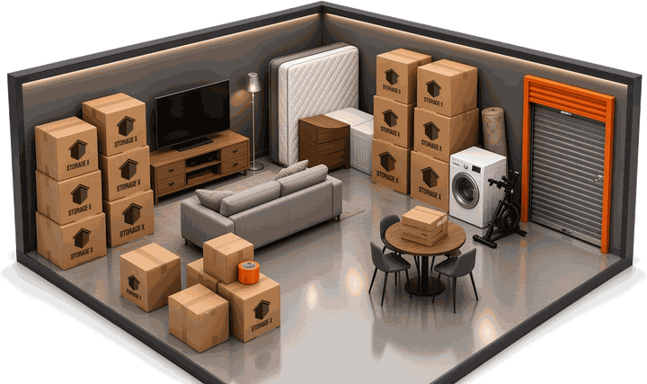 Illustration of what fits in a 10' x 10' storage unit