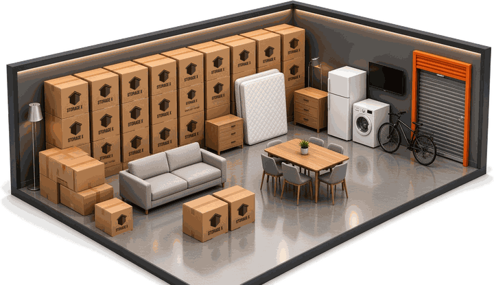 Illustration of what fits in a 10' x 15' storage unit