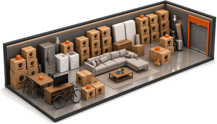 Illustration of what fits in a 10' x 30' storage unit