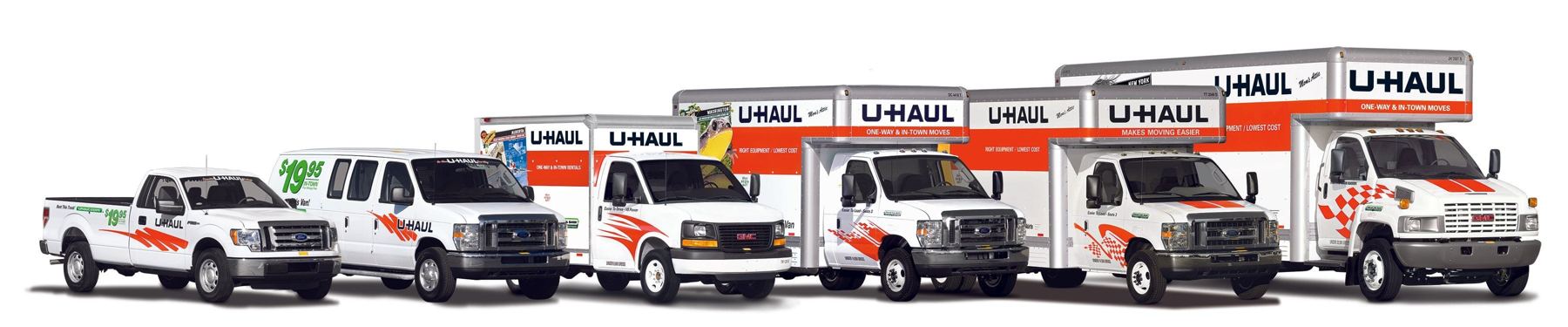 Line-up of U-Haul moving trucks and vans